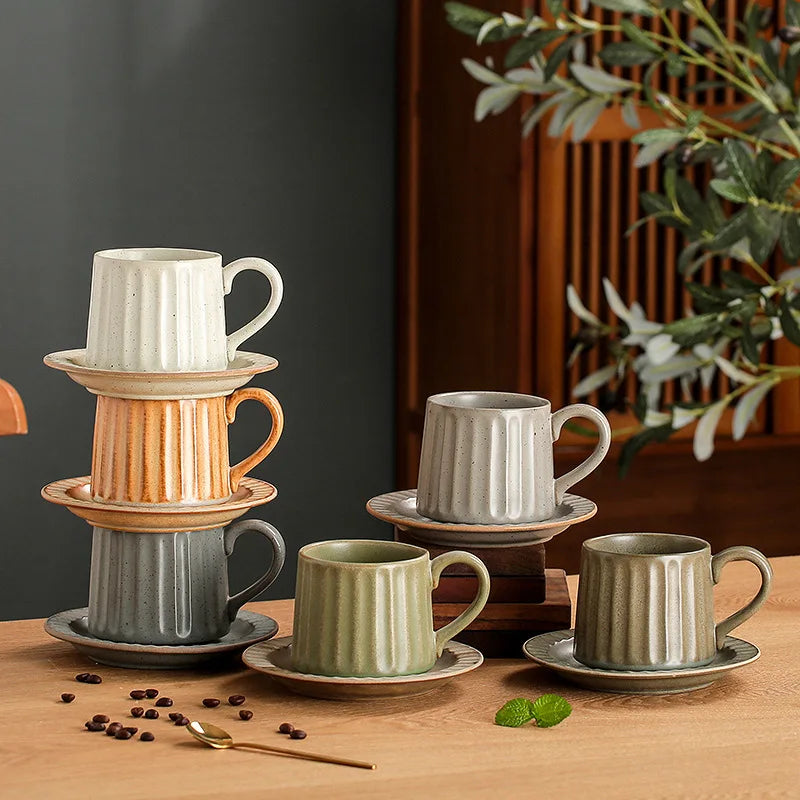 Japanese Retro Coarse Ceramic Cup Saucer Set Vintage Vertical Striped Mug Home Afternoon Tea Coffee Cup for Household Use Quake