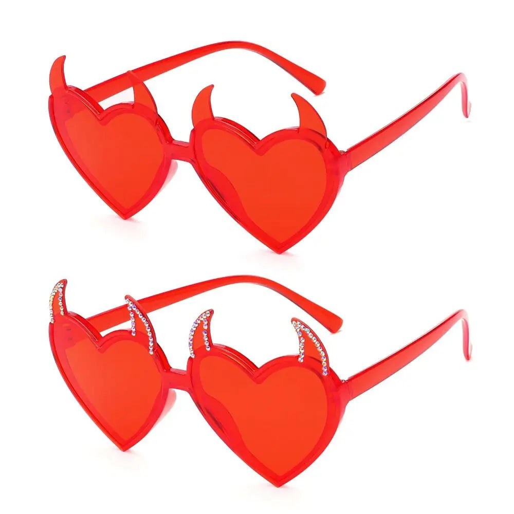 Devil Ears Heart Shape Sunglasses for Women Men Trendy UV Protection Sun Glasses Novel Party Halloween Cosplay Glasses Quake Red - Diamond Red