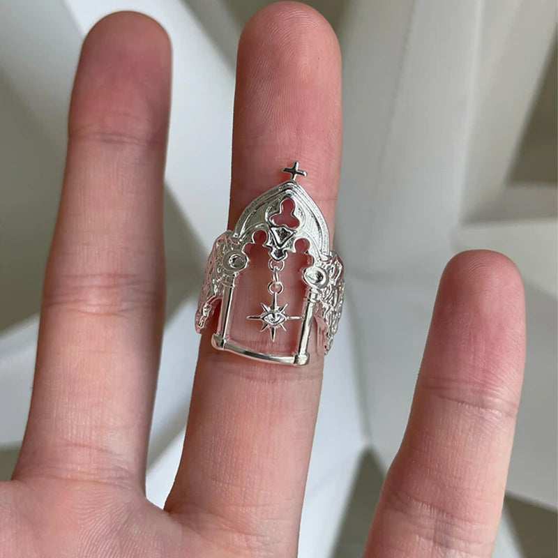 Middle Ancient Style Castle Octagonal Star Ring with Unique Design Sense Open Mouth Art Retro Index Finger Ring Quake