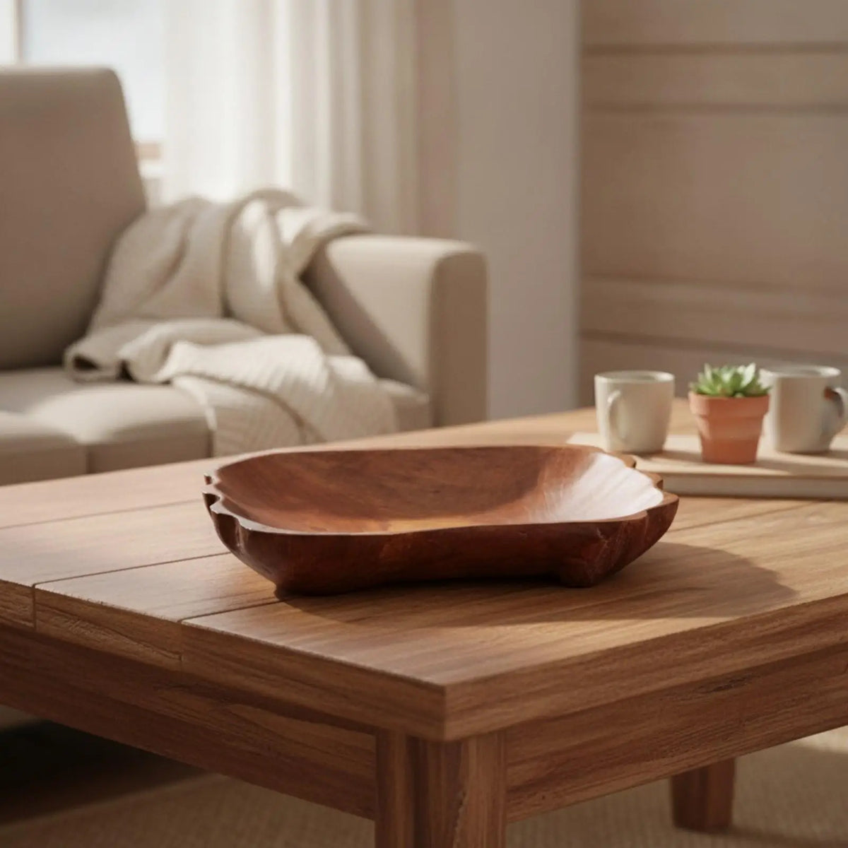 Teak Wood Snack Tray with Raised Sides for Serving Fruit Nuts and Appetizers on Coffee Table Decor Quake LegLarge