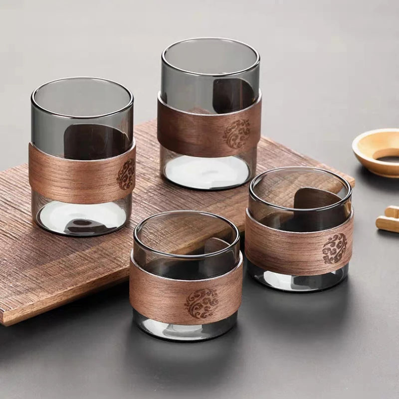 Thickened Glass Tea Cup with Wooden Ring Heat-resistant and Heat-resistant Water Cup Master Cup Household Glass Cup Coffee Cup Quake