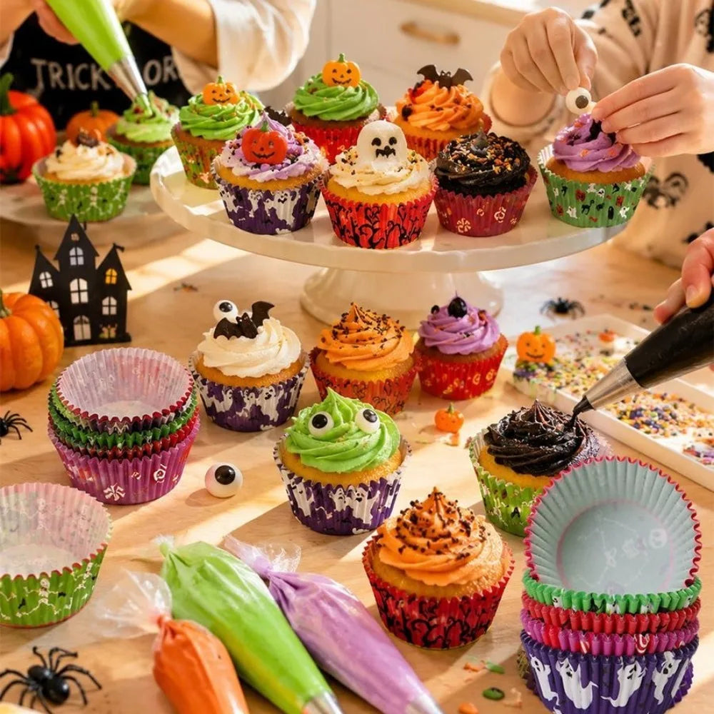 100PCS Halloween Cupcake Wrappers Toppers Pumpkin Ghost Cupcake Wrap Liners Halloween Party Dessert Cake Decoration Baking Cup Quake