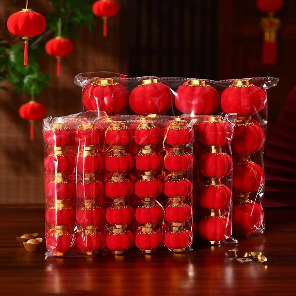 Small Chinese Lanterns Lucky Flocked Art Deco Hanging Ornaments for New Year Spring Festival Home Decor Quake