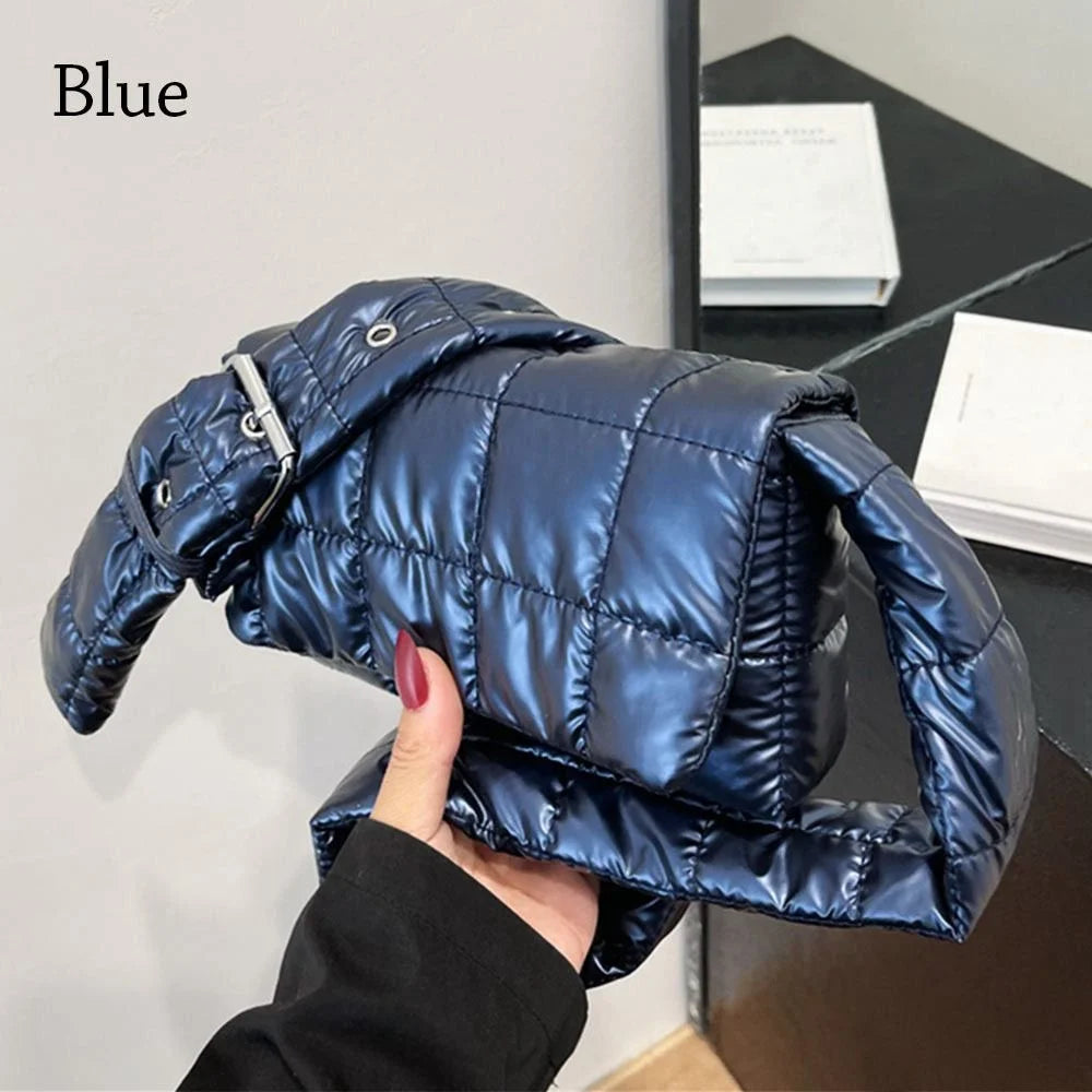 Fashion Quilted Tote Bag Winter Lightweight Warm Down Cotton Padded Plaid Shoulder Bags Women Underarm Bags Puffy Handbags Quake blue