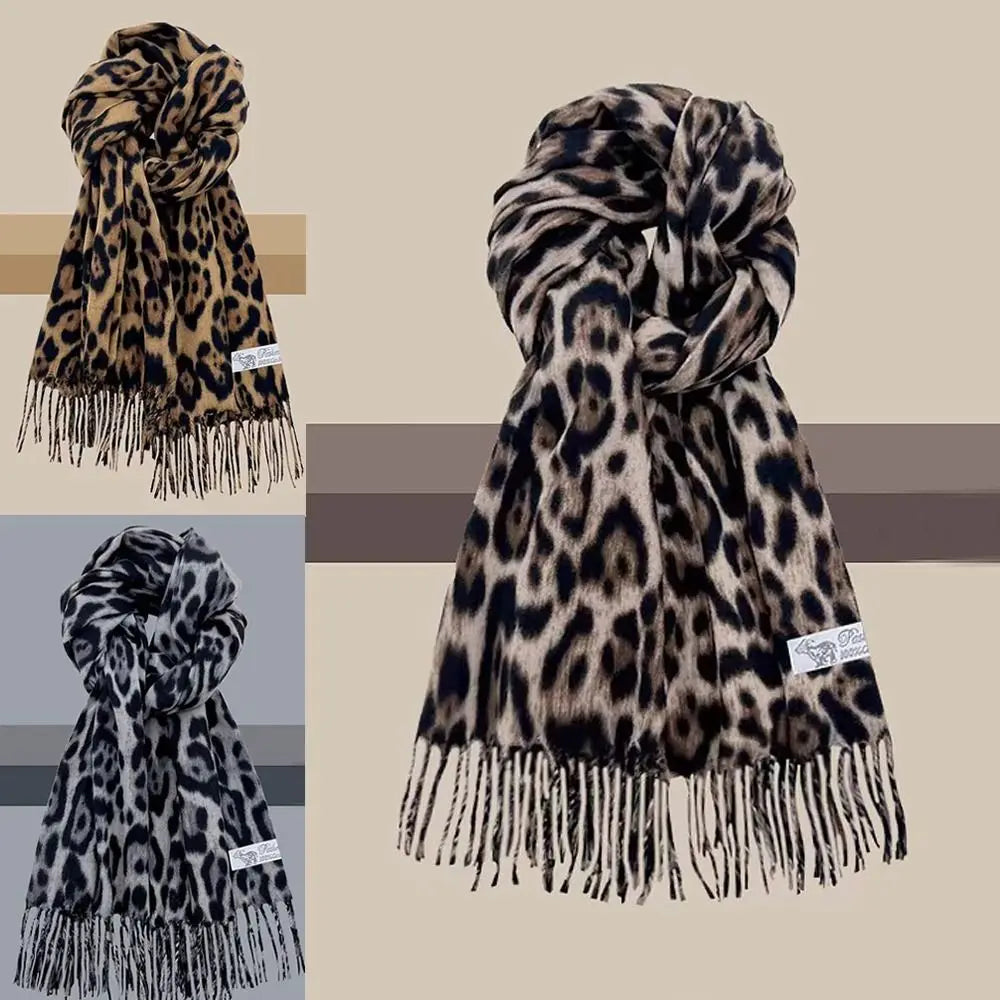 Korean Leopard Tassels Shawl Imitation Cashmere Windproof Foulard Pashmina Hijabs Thickened Winter Warm Scarf Neck Warmer Quake