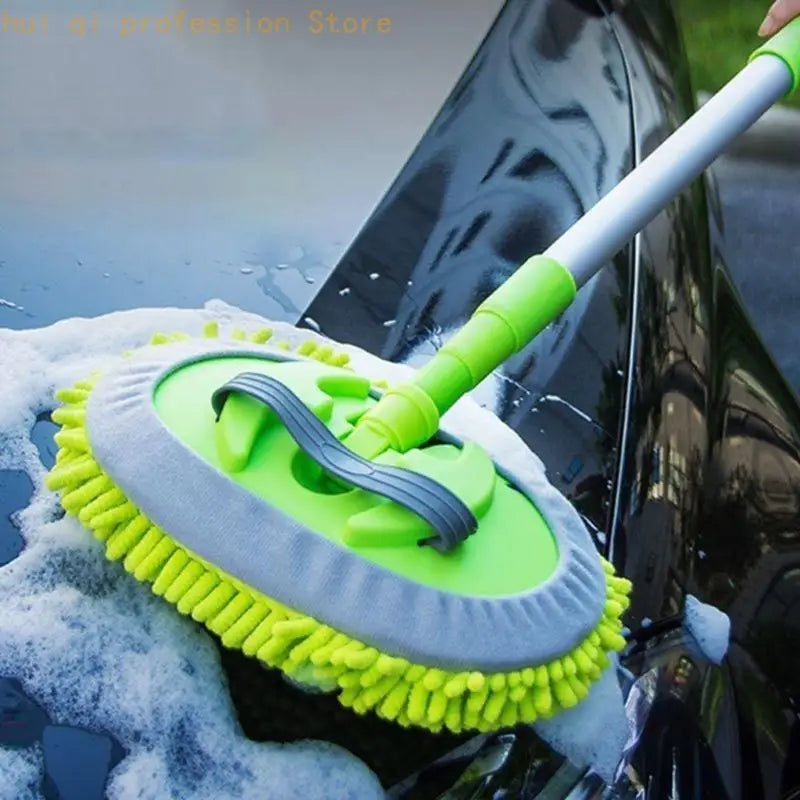 Rotating Car Cleaning Mop With Fiber Head, Long Segmented Handle and Grip Zone for Reaching Curved Exterior Sections on SUVs and Quake