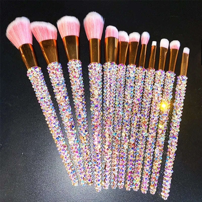 Diamond-studded Makeup Brushes 12Pcs/set Gems Makeup Beauty Tools Full Diamond Loose Powder Foundation Concealer Brush Bling Quake