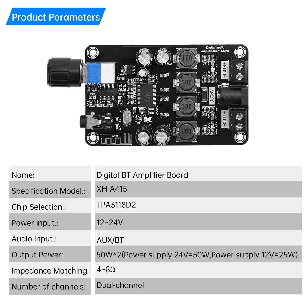 XH-A415 -DC12-24V high-power adjustable audio amplifier board- TPA3118D2 supports Bluetooth 5.0 high-definition 50W+50W Quake