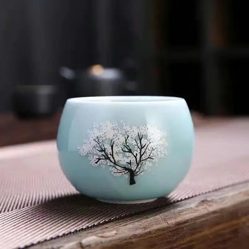 Thermochromic Cup Sakura Tea Cup Ceramic Kung Fu Tea Cupjapanese Style Kiln Tea Cup Master Cup Tea Cup Changing Color Tea Cup Quake sky bule b