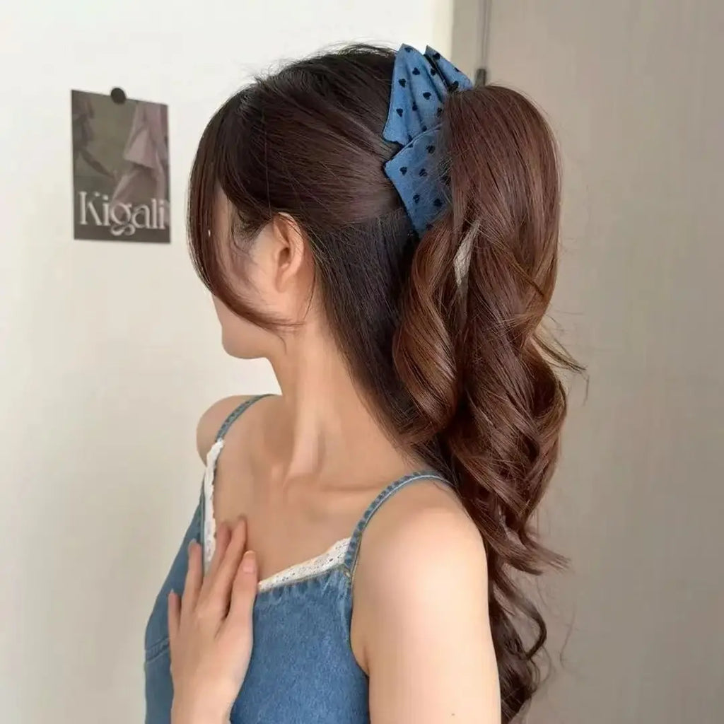 Fabric Shell Hair Claw Polka Dot Love Heart Ponytail Women Blue Denim Bow Triangle Shark Clip French Vintage Ponytail Holder New Quake