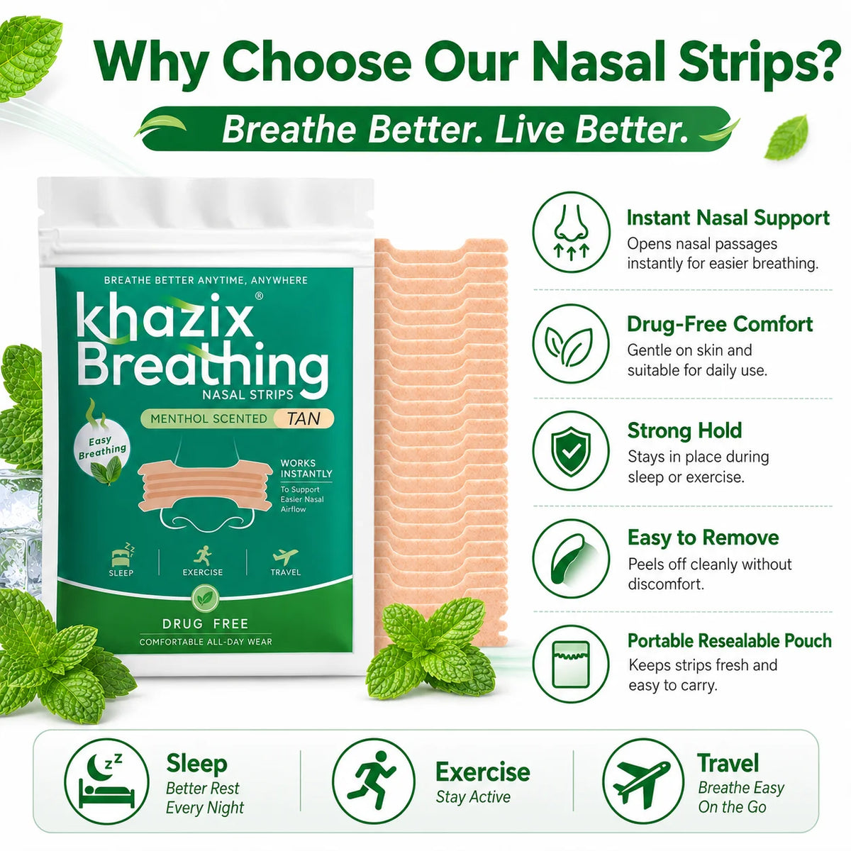 30PCS Menthol Nasal Strips for Easier Breathing, Comfortable Nose Strips for Sleep Exercise Travel Daily Use Quake