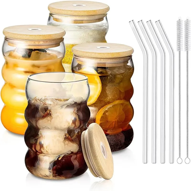 YWD 1/2/4PCS Glass Cup with Lid Straw Heat-resistant Wave Cup Beer Juice Ice Coffee Cups Cocktail Fruit Glass Drinkware Quake 4pcs