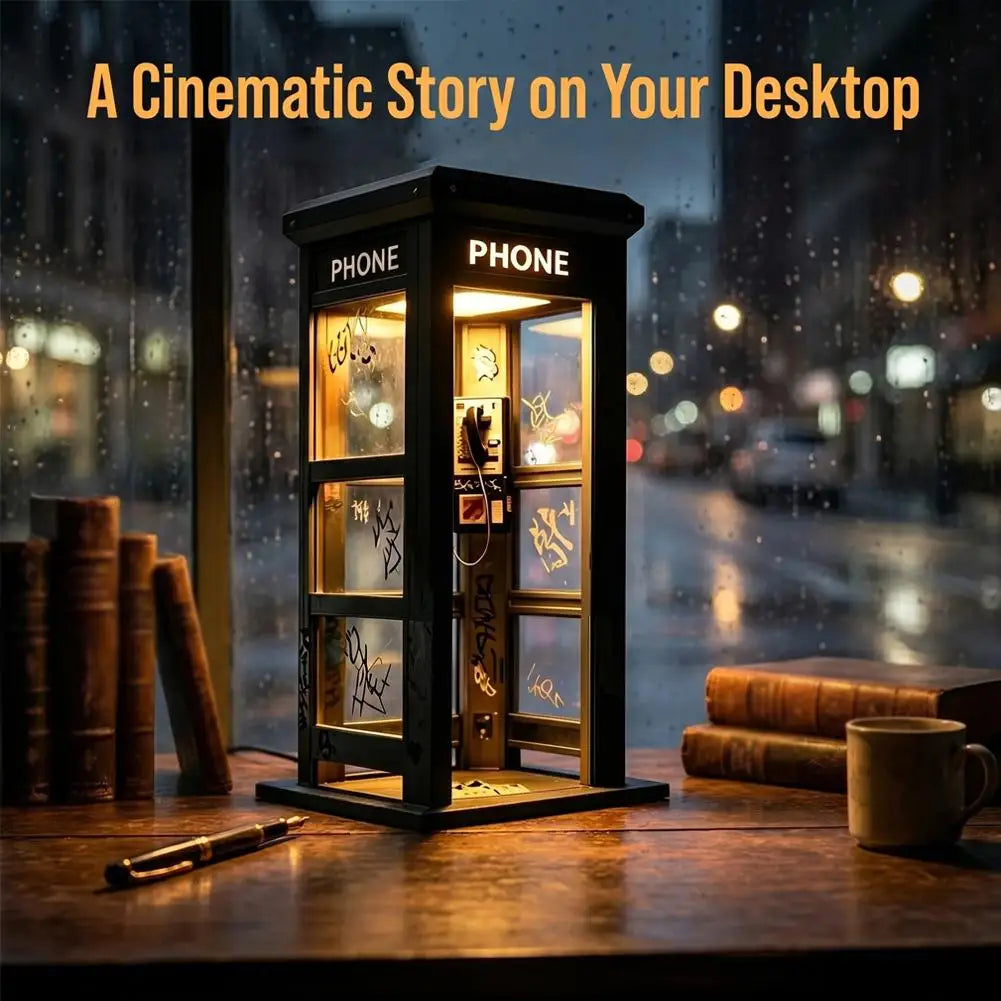 Vintage Phone Booth Table Lamp Retro Urban Street Night Light Warm Amber Desk Lamp Desktop Ornament for Home Coffee Corner Decor Quake