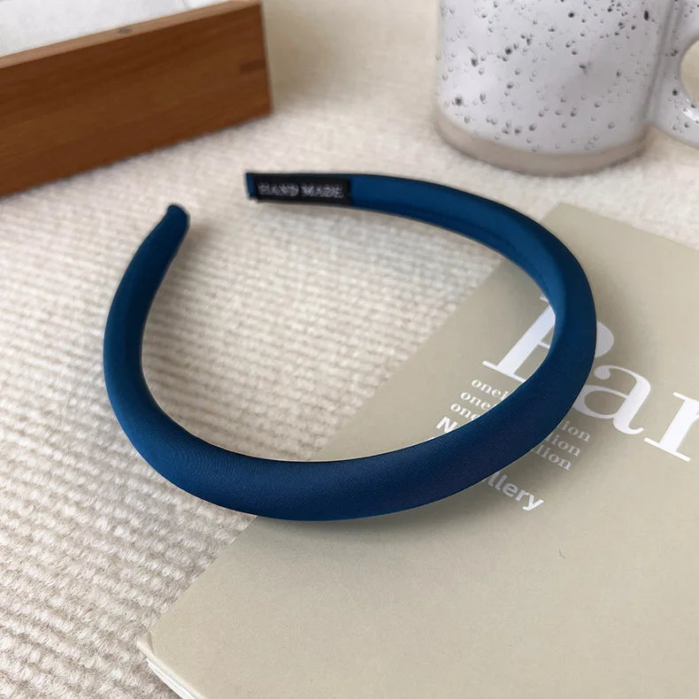 Satin Thin Edge Sponge Headband Women's Pure Color High Skull Top Hair Accessories Headband New Arrival Quake E blue