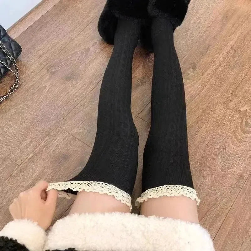 Japanese Sweet Lace Cording Socks Over Knee Thigh Retro Fried Dough Twists Lolita Wears Small Boots Socks Female Quake