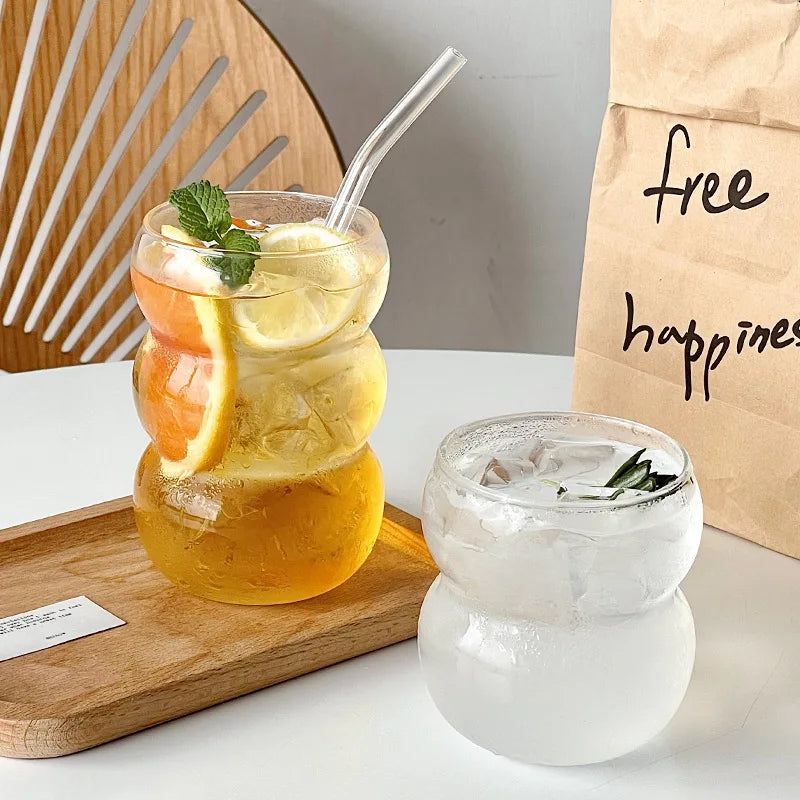 YWDL 350/550ml Transparent Glass Cup Cold Coffee Cup With Straw Dessert Juice Milk Drinkware Mug Party Cocktail Glasses Teacup Quake