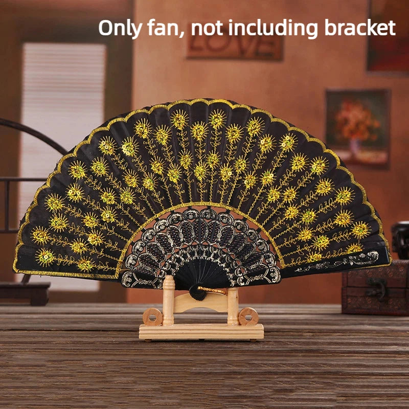 Folding Hand Fan Plastic Gold Powder Craft Fan White Wedding Party Chinese Style Dance Cloth Folding Fan Handheld Quake Yellow