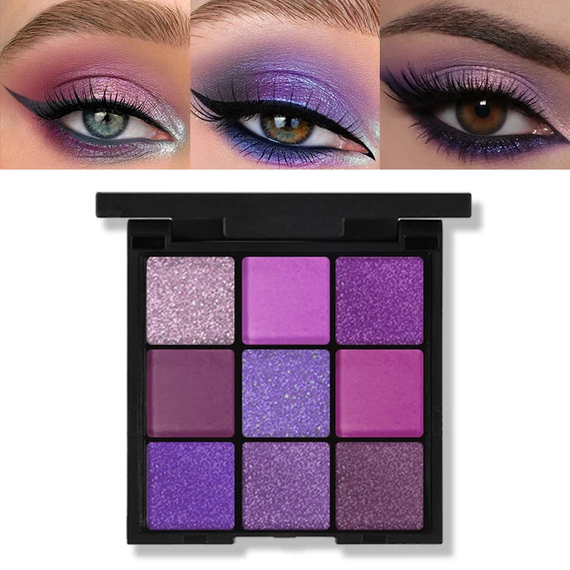 9 Color Eyeshadow Palette Matte Shimmer Glitter Purple Gray Smoky Style Cosplay Music Festival Makeup for a Glamorous Look Quake PURPLE
