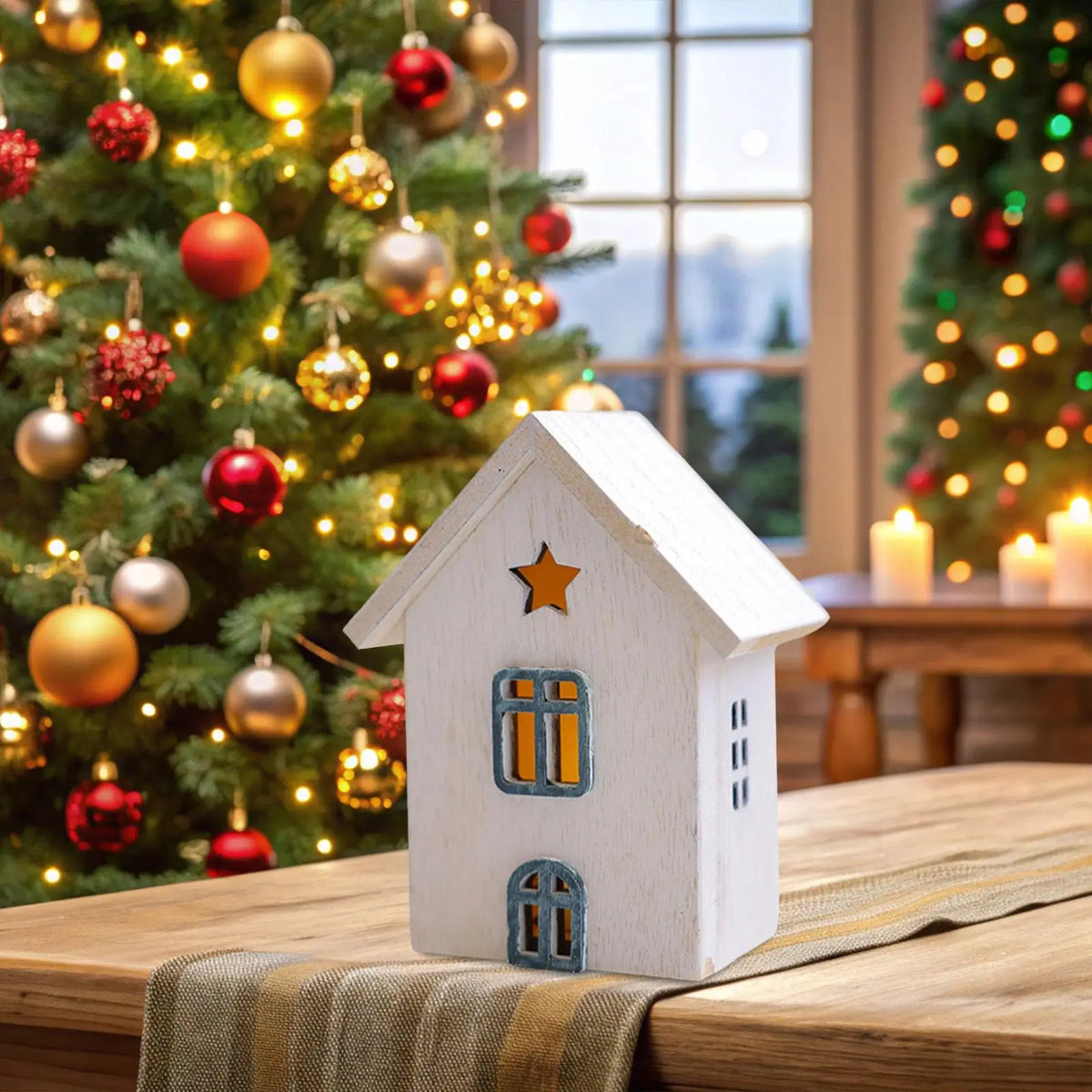 LED Lighted Christmas Village House Ornament Wood Tabletop Decoration for Room Aesthetic Holiday Setup Quake 13cm white