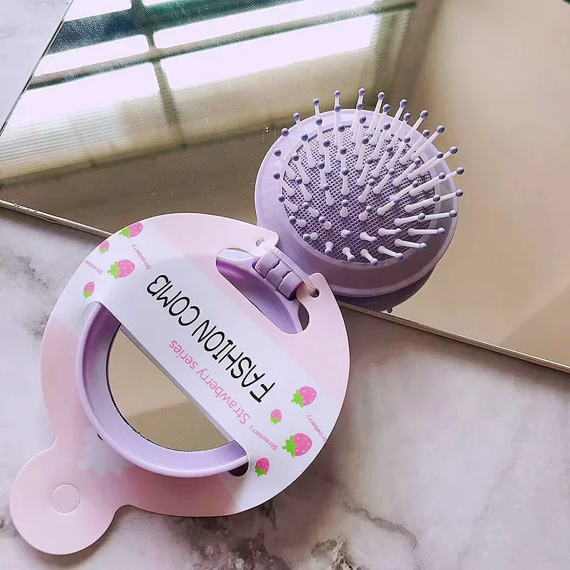 New Candy Color Folding Comb with Mirror Small Portable Travel Anti-static Folding Air Cushion Massage Combs Hair Care Brushes Quake Lavender