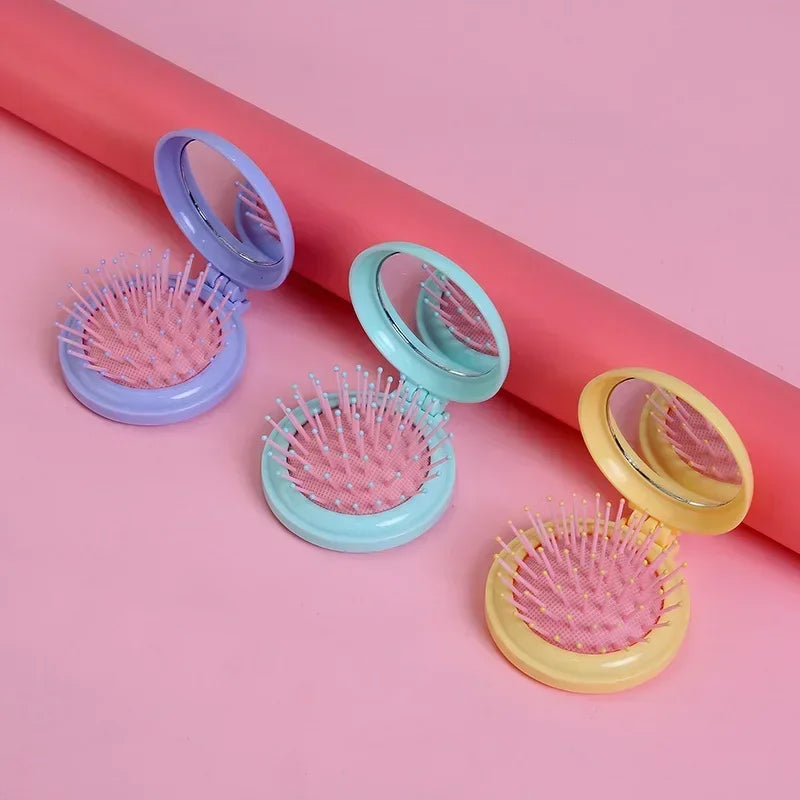 Portable Mini Round Hair Comb with Mirror Pocket Small Size Traveling Massage Folding Hair Comb Women Hair Brushes Styling Tools Quake