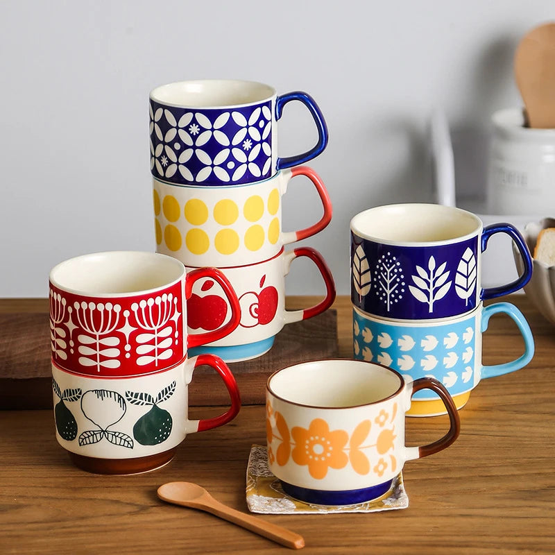 4pcs Set Ceramic Ear Hanging Coffee Mug Underglaze Colored Breakfast Milk Oatmeal Cup Japanese Retro Style Lovers Mug Stackable Quake