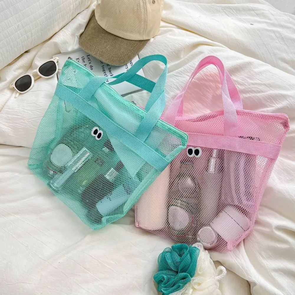 Portable Large Capacity Mesh Wash Bag Breathable Foldable Beach Handbags Cute Swimming Storage Bag Quake