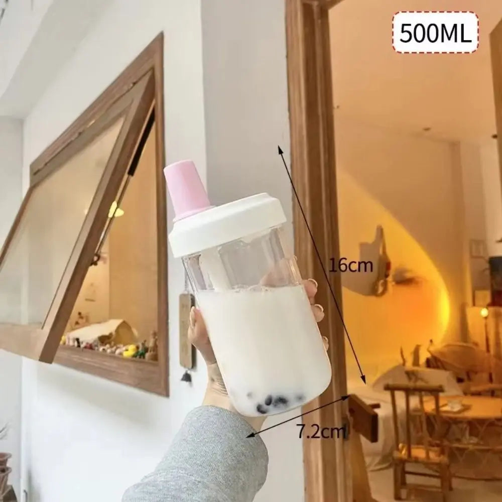 500/850ml Water Bottles Juice Milk Plastic Cup with Lid Straw Bubble Tea Coffee Cups Transparent Large Capacity Drinkware Quake 500ml-Pink