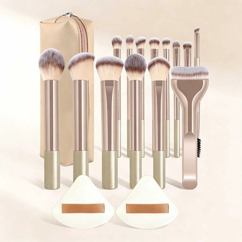 17pcs Professional Soft Long Aluminum Makeup Brush Set, Including Foundation Brush, Eyeshadow Brush, Eyebrow Brush, Blending Quake Gold
