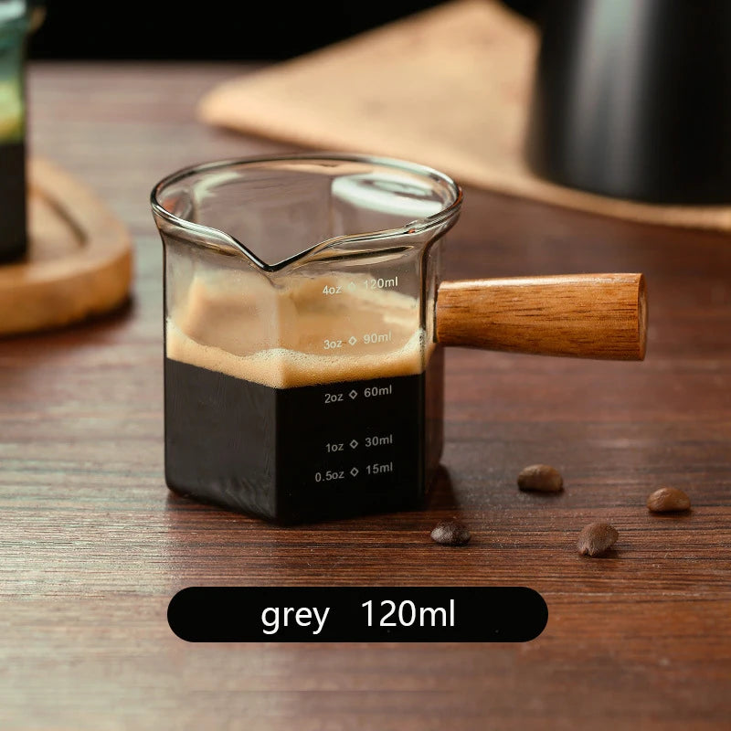 YWDL 120ml Glass Espresso Measuring Cup with Wood Handle Hexagon Milk Jug Coffee Supplies Sauce Cup Serving Pitcher Quake grey 120ml