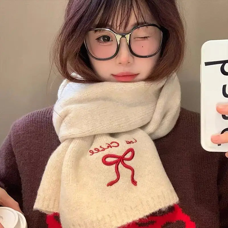 1pc College Style Imitation Cashmere Scarf Winter New Item Solid Color Embroidered Bow Couple Scarf Quake