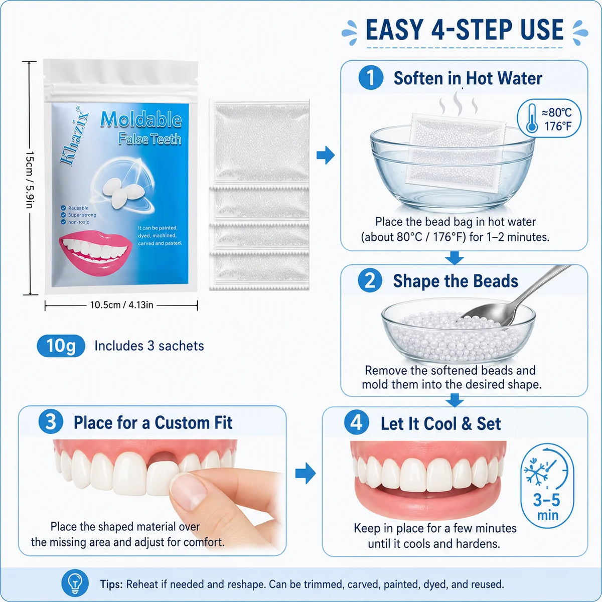 10g Temporary Teeth Beads DIY Cosmetic Smile Fix Moldable White Beads Easy to Shape for Natural-Looking Teeth Quake