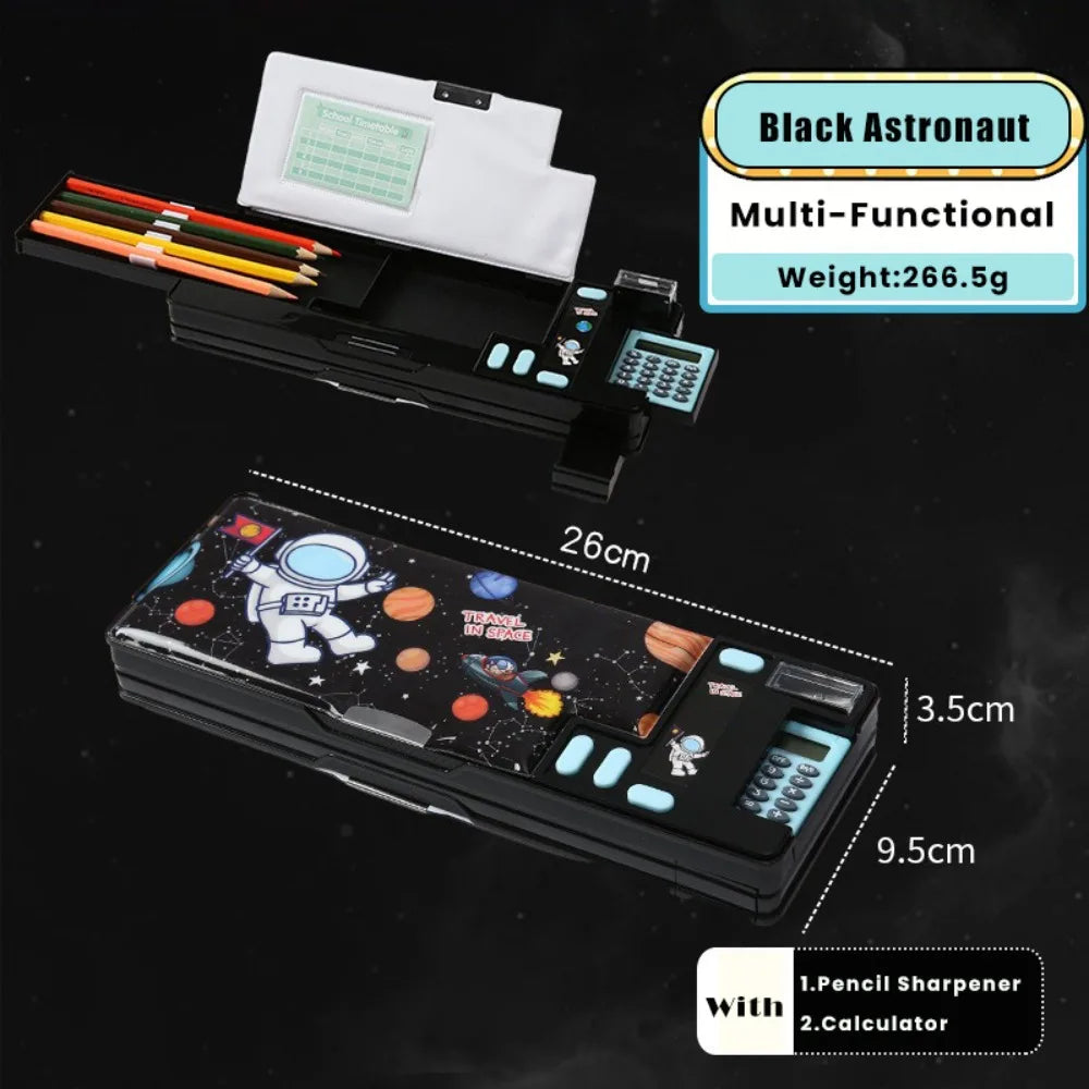 Plastic Pencil Case Fun Mechanism Design Double Sided Use Stationery Storage Box Large Capacity With Calculator/Pencil Sharpener Quake Black Astronaut