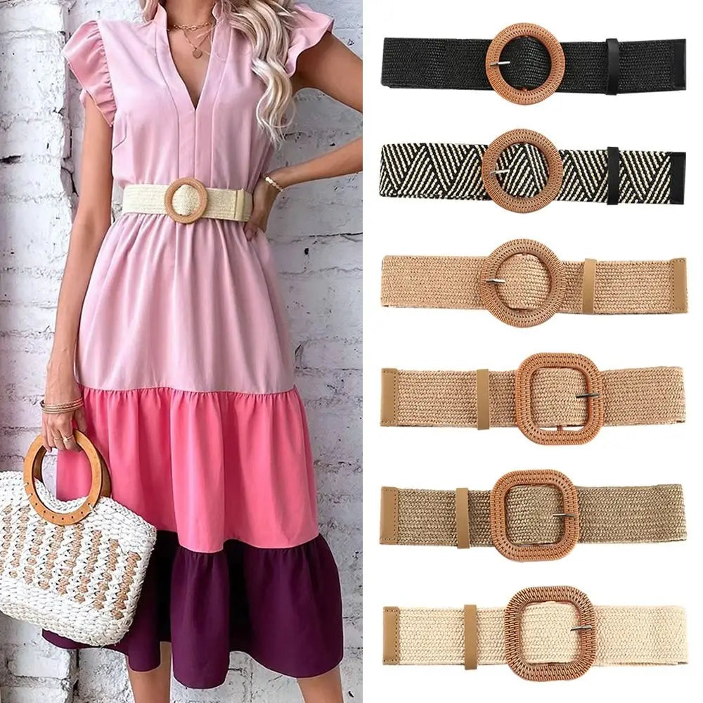 Summer Casual Elastic Braided Waistbelt Wide Straw Belt Waist Belt Quake