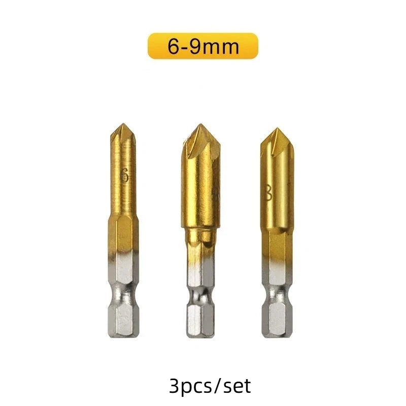 3/6Pcs Hexagonal Handle Titanium Plated Five Edge Chamfering Knife Countersunk Drill 6-19mm Woodworking Spot Facer Tool Set Quake S 3PCS