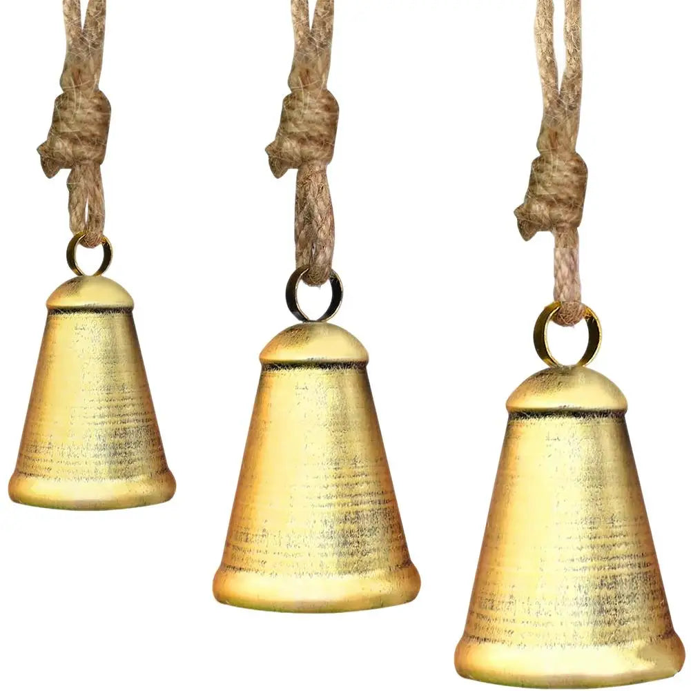 Vintage Christmas Bell Set 3Pcs Rustic Metal Hanging Bells Jute Rope Pendant for Front Door Tree Fireplace Farmhouse Decor Quake Yellow A