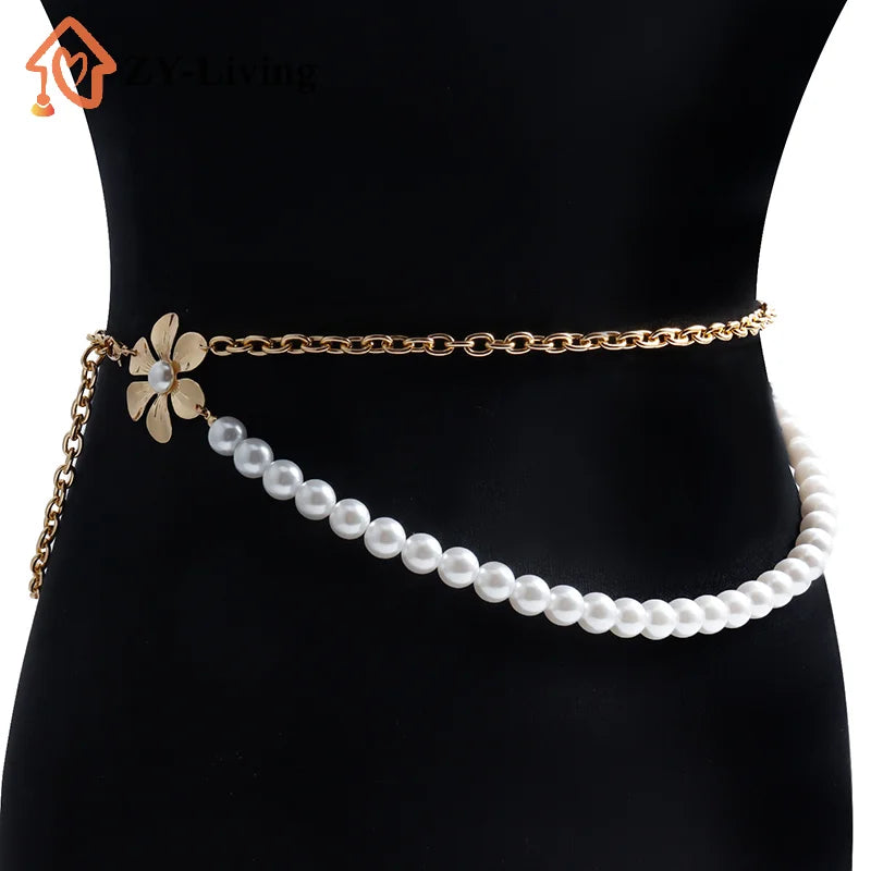 Ladies Fashion Metal Pearl Flowers Waist Chain Women Thin Body Dress Pants Decoration Belts For Girls Luxury Waist Chain Quake