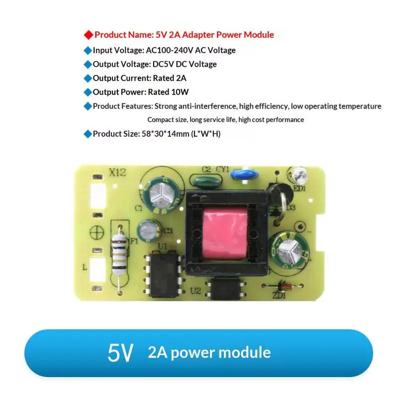 1Pcs Step-Down Power Supply Board 5V 2A Adapter AC220V To DC 5V Switching Power Supply Module Quake A1