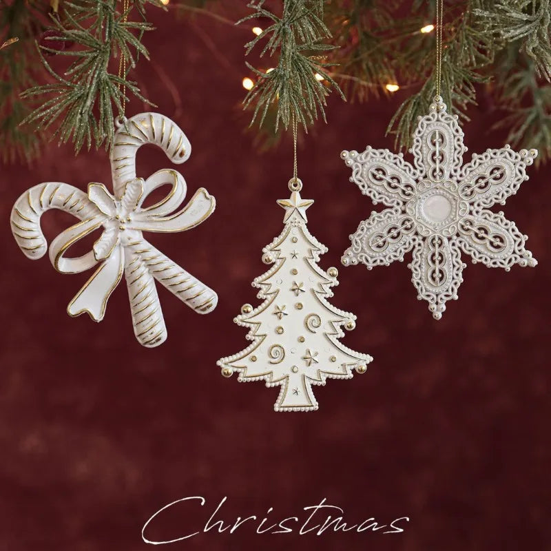 1pc Nordic Antique White Gold Edge Christmas Tree Pendants Plastic Decorative Ornaments Window Hangings Quake