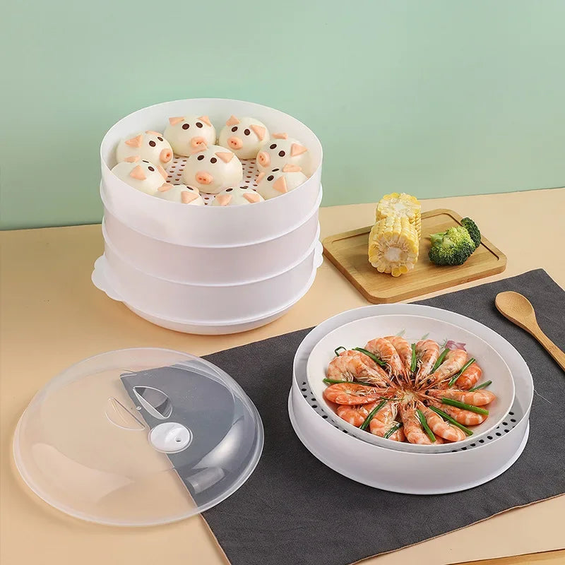 Double Plastic Steamer Microwave Oven Circular Covered Steamer Stackable Rice Cooker Steamer Grille Kitchen Cooking Accessories Quake