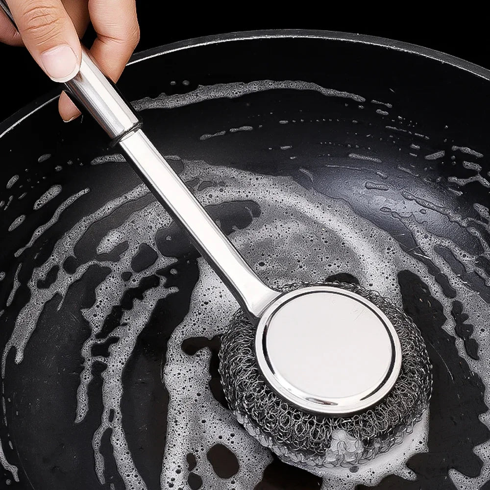 Steel Wire Ball Pot Brush Kitchen Pan Dishes Cleaning Brush Long Handle Metal Wool Scourer Strong Decontamination Cleaning Brush Quake