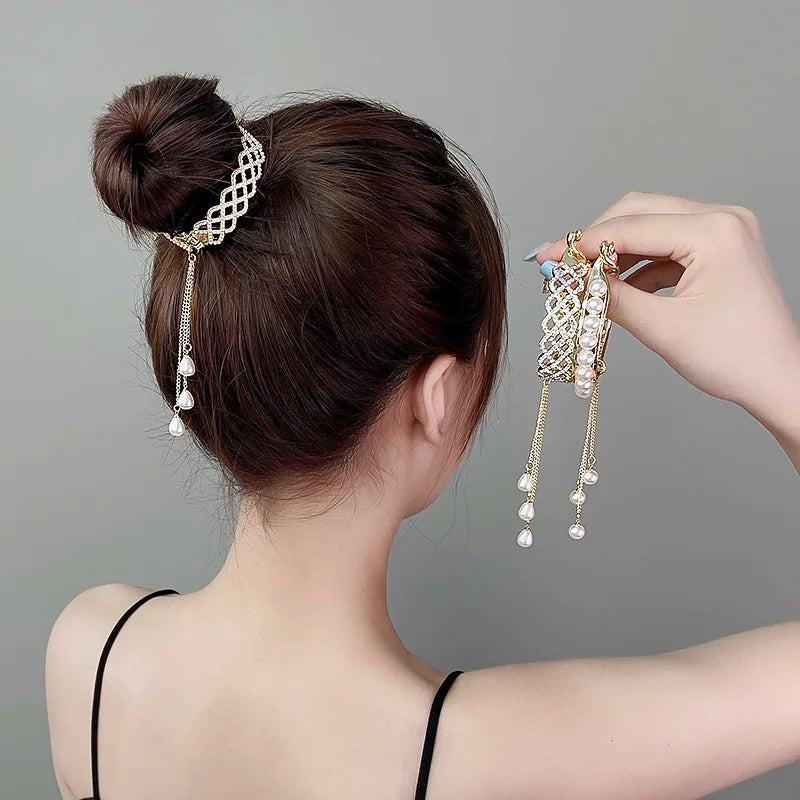 Rhinestone Pearl Ponytail Hairpin Women Girls Elegant Hair Grab Clip Girls Updo Barrettes Headwear Girls Kids Hair Accessories Quake