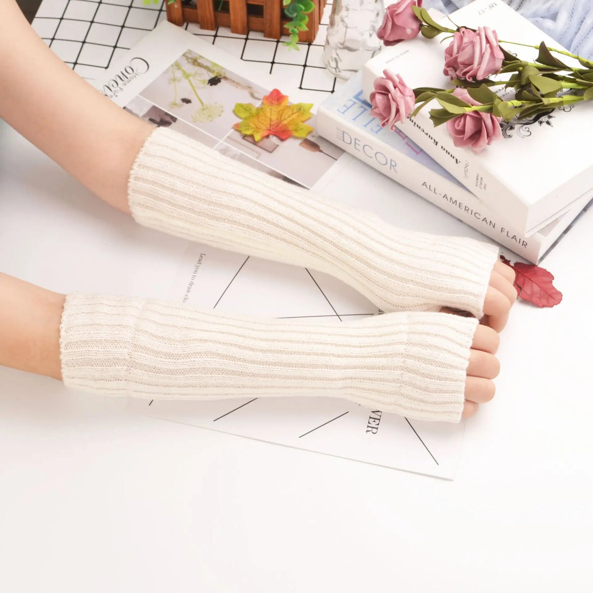 Mid To Long Arm Sleeves with Flat Needles Korean Version Knitted Women Warm Ins High Street Keep Warm Quake white 30cm