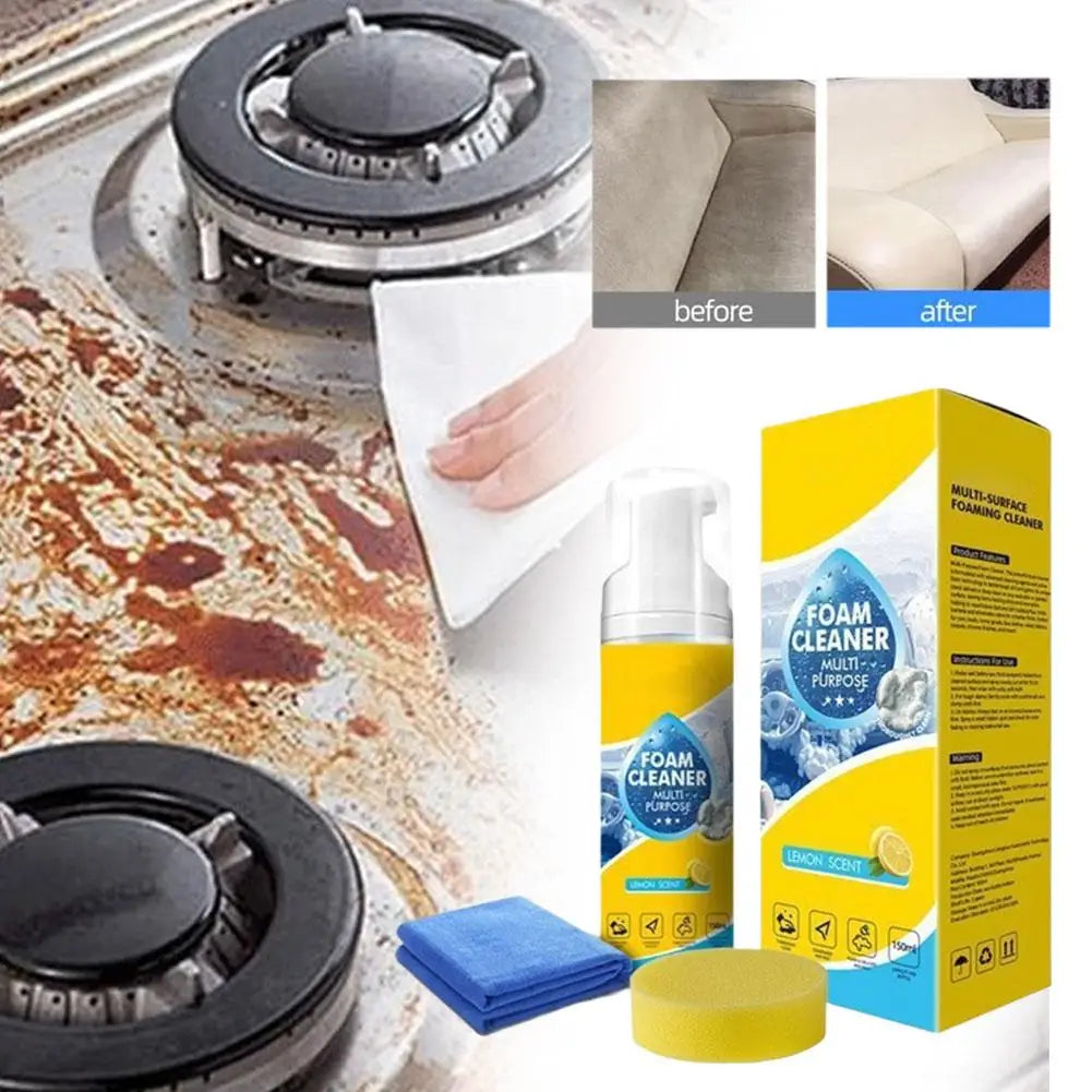 Multipurpose Car Interior Foam Cleaner for Leather Seats Fabric Roof White Shoes Neutral Stain Remover with Sponge Cloth Quake