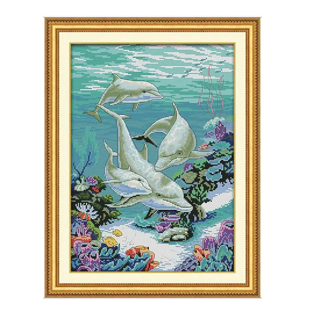 Embroidery Cross Stitch Kit Stamped Printed Sea Fishes World Design DIY Craft Set for Home Office Decor and Valentine Birthday Quake