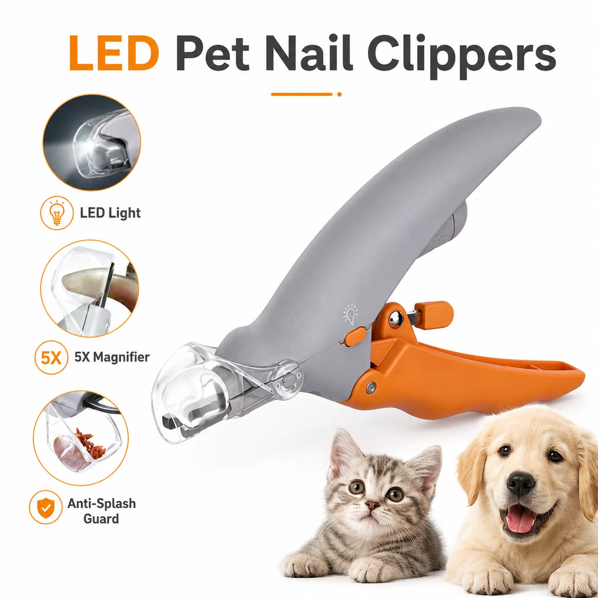 LED Pet Nail Clippers for Cats and Dogs with Magnifier and Splash Guard Ergonomic ABS Handle for Safe Precise Grooming Quake
