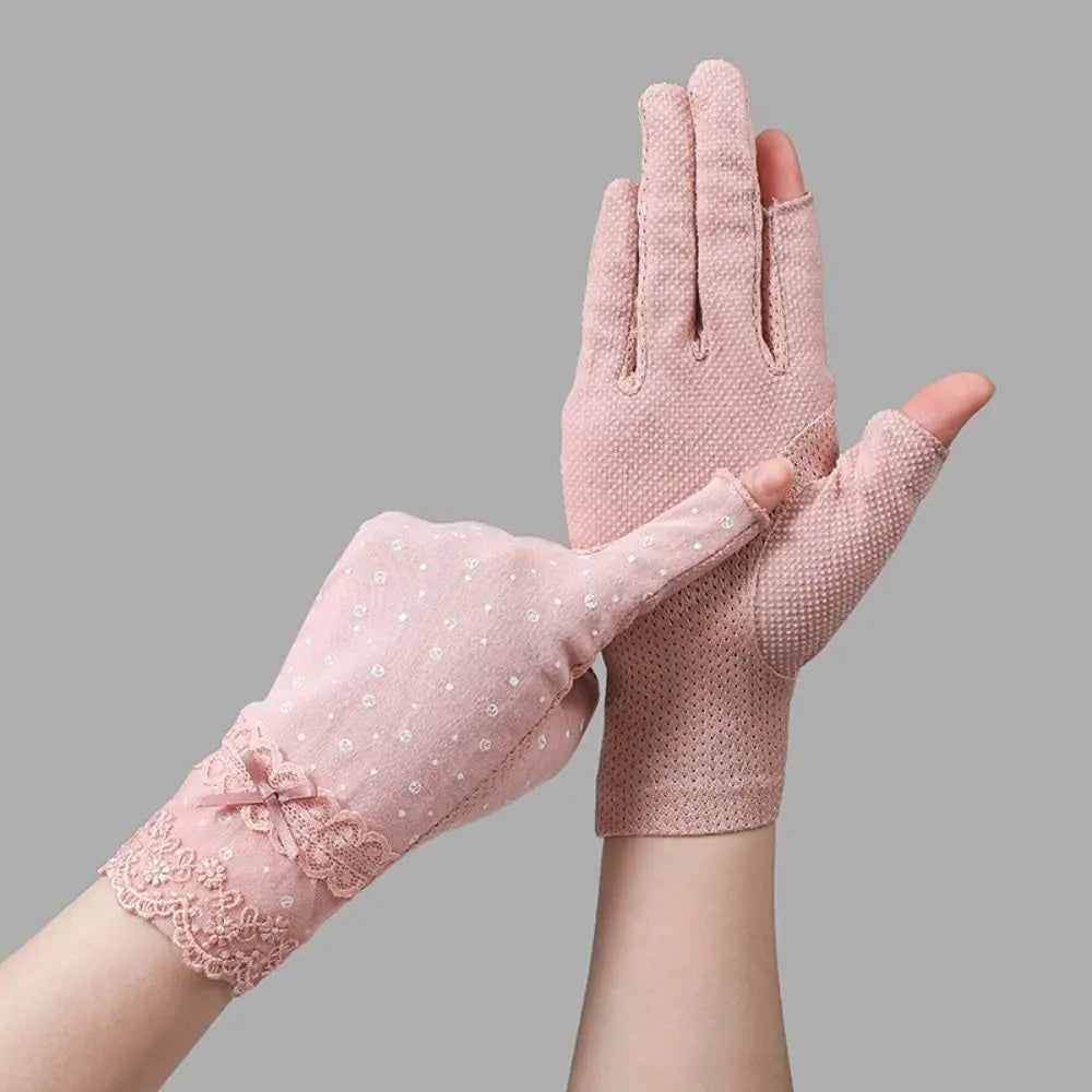Summer UV Protection Sunscreen Gloves Lace Thin Anti-UV Mittens Elastic Slip Resistant Sun Protection Gloves Women Girls Quake Dark pink