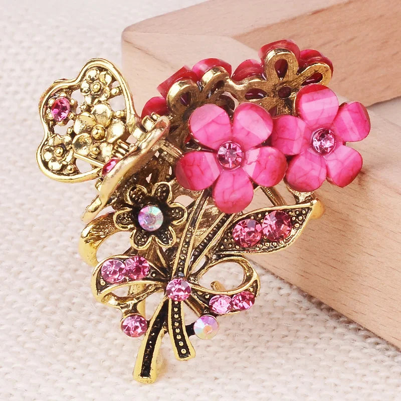Vintage Crystal Flower Hair Claw Korean Simple Elegant Ponytail Clip Female Ladies Hair Styling Accessories Mother's Day Gifts Quake NO.4