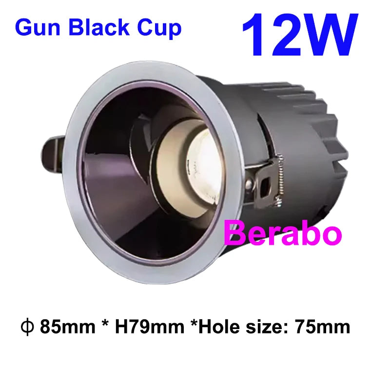 Super Bright Recessed LED Downlight COB Dimmable 12W 18W 24W LED Ceiling110V 220V Home Indoor New Design Anti-glare Spot Lights Quake Gun Black Cup 12W No Dimming white 6000K