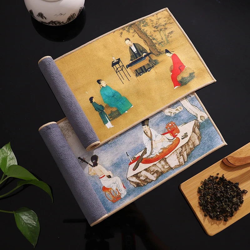 1pc Kung Fu Tea Towel with Ancient Style Thick and Absorbent Multifunctional High-end Painted Tea Cloth Quake